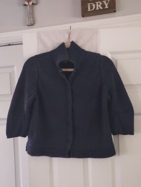 cabi Blue Cropped Knit Snap-Front Cardigan Sweater 3/4 Sleeves Size Large